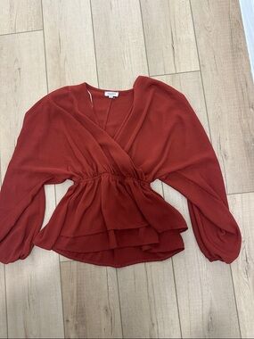 Andree Brick Red Wrap Peplum Blouse